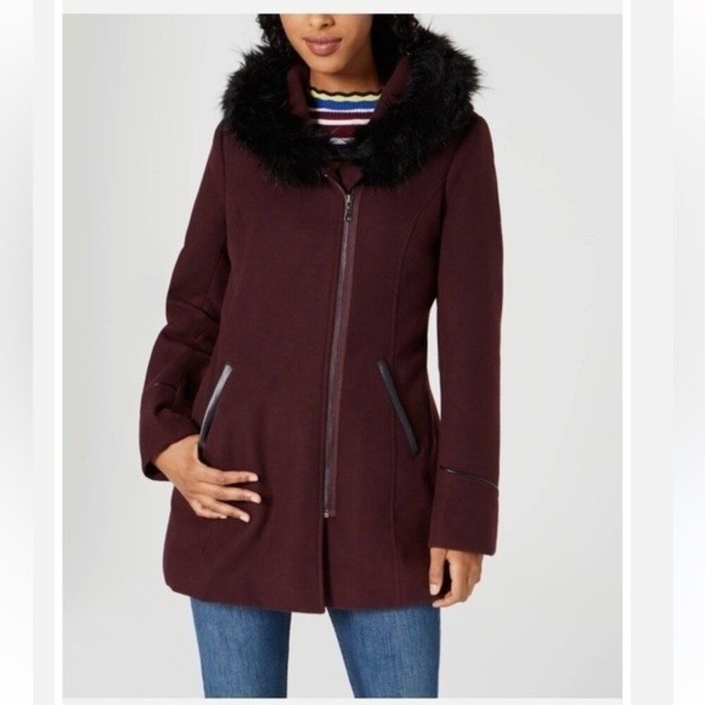 Maralyn & Me Juniors Faux Fur Trim Asymmertical Hooded Maroon Coat Sz M NWOT